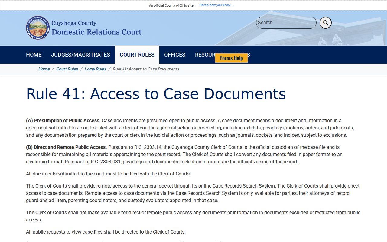 Cuyahoga County civil docket Domestic Relations document access rule