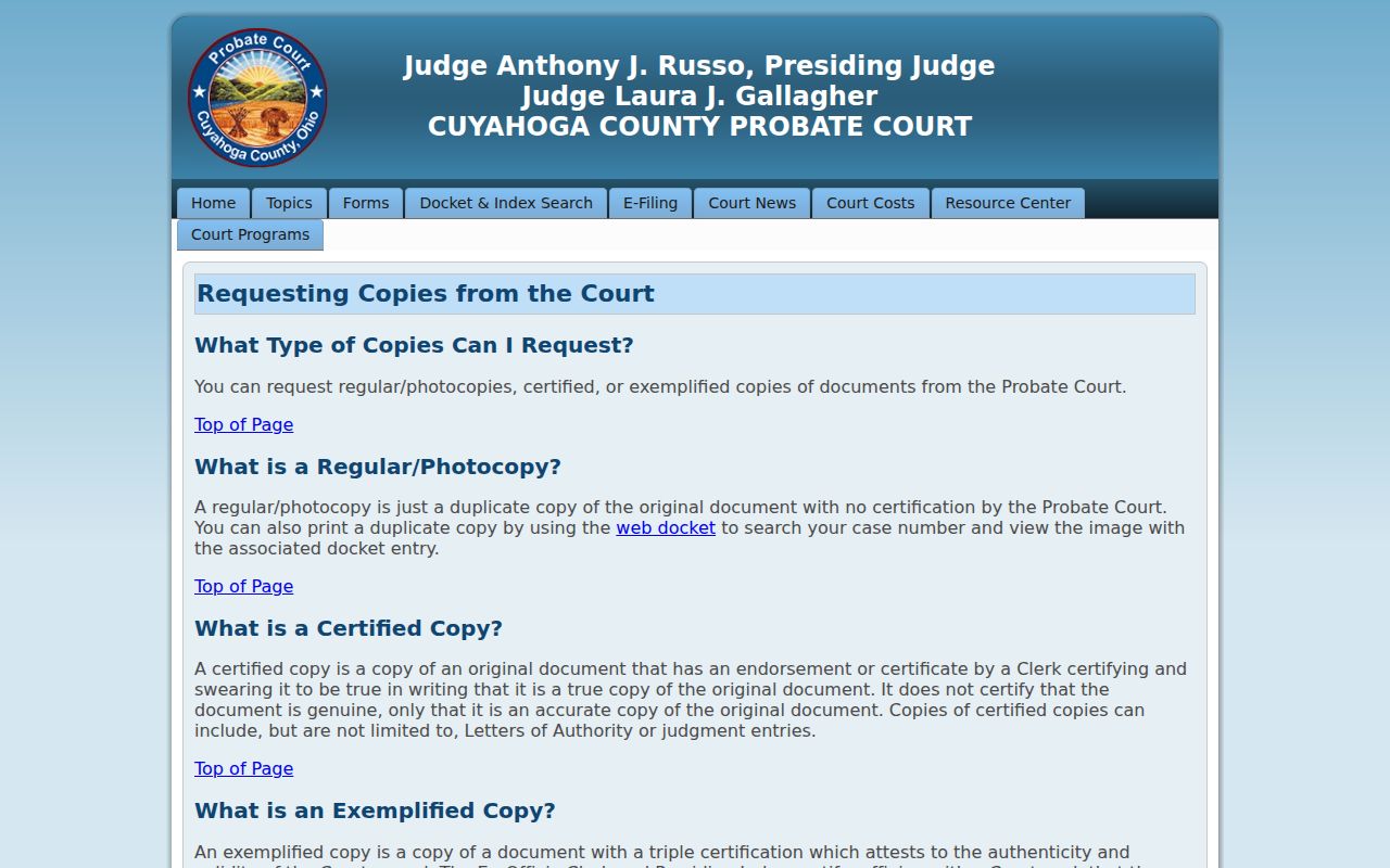 Cuyahoga County civil docket Probate Court copy request information