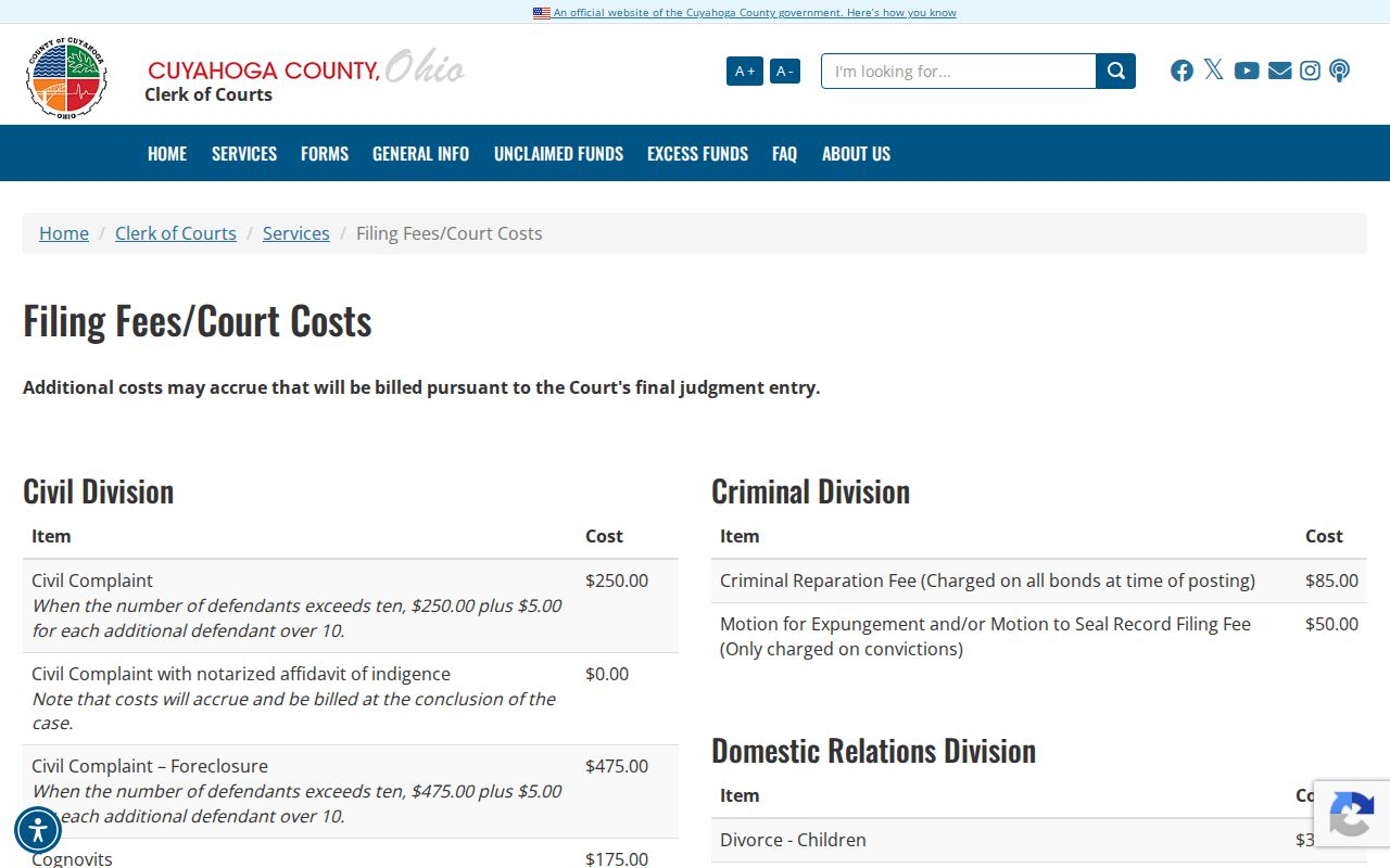 Cuyahoga County civil docket Clerk copy and court cost schedule