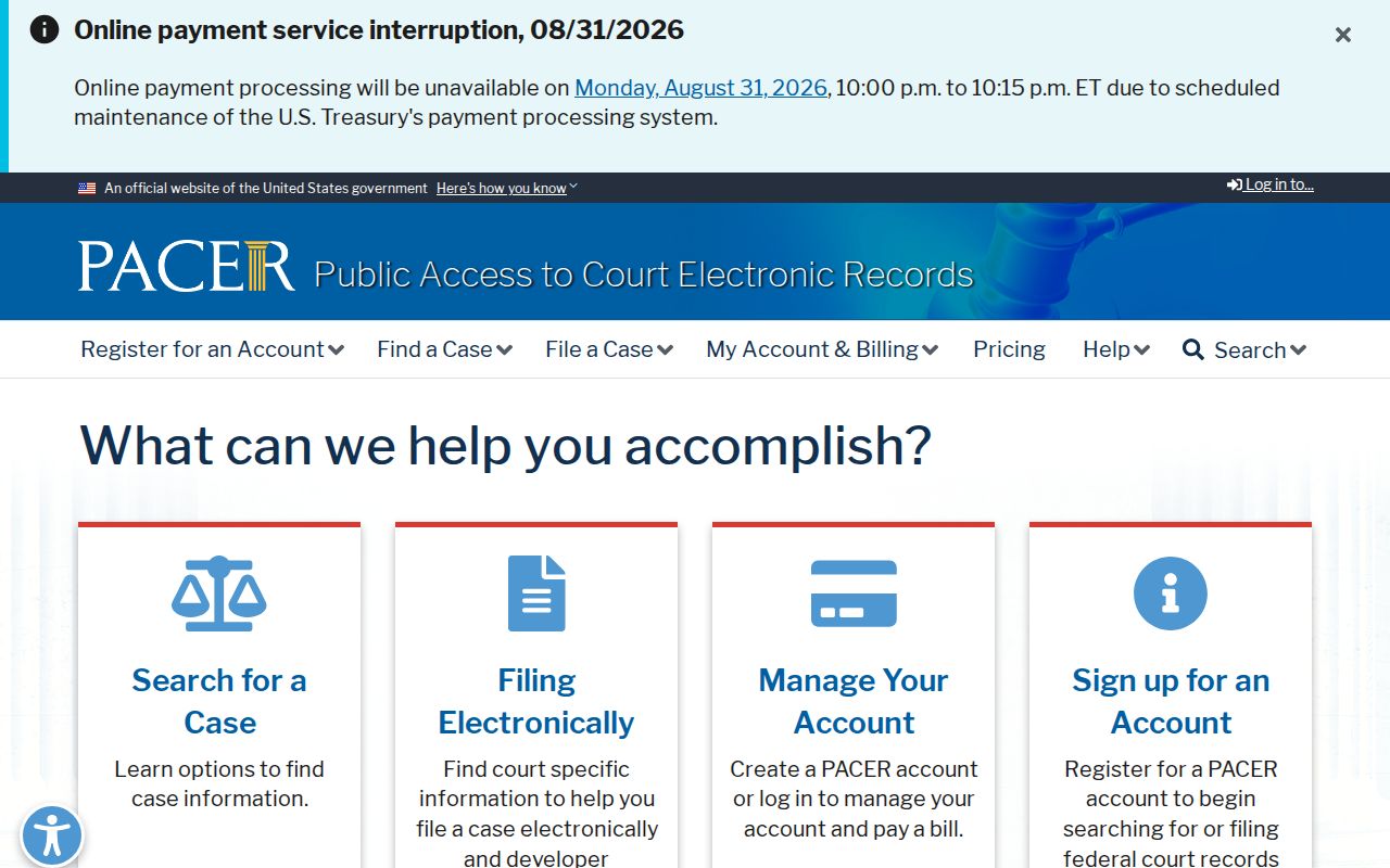 Official PACER federal court records access page