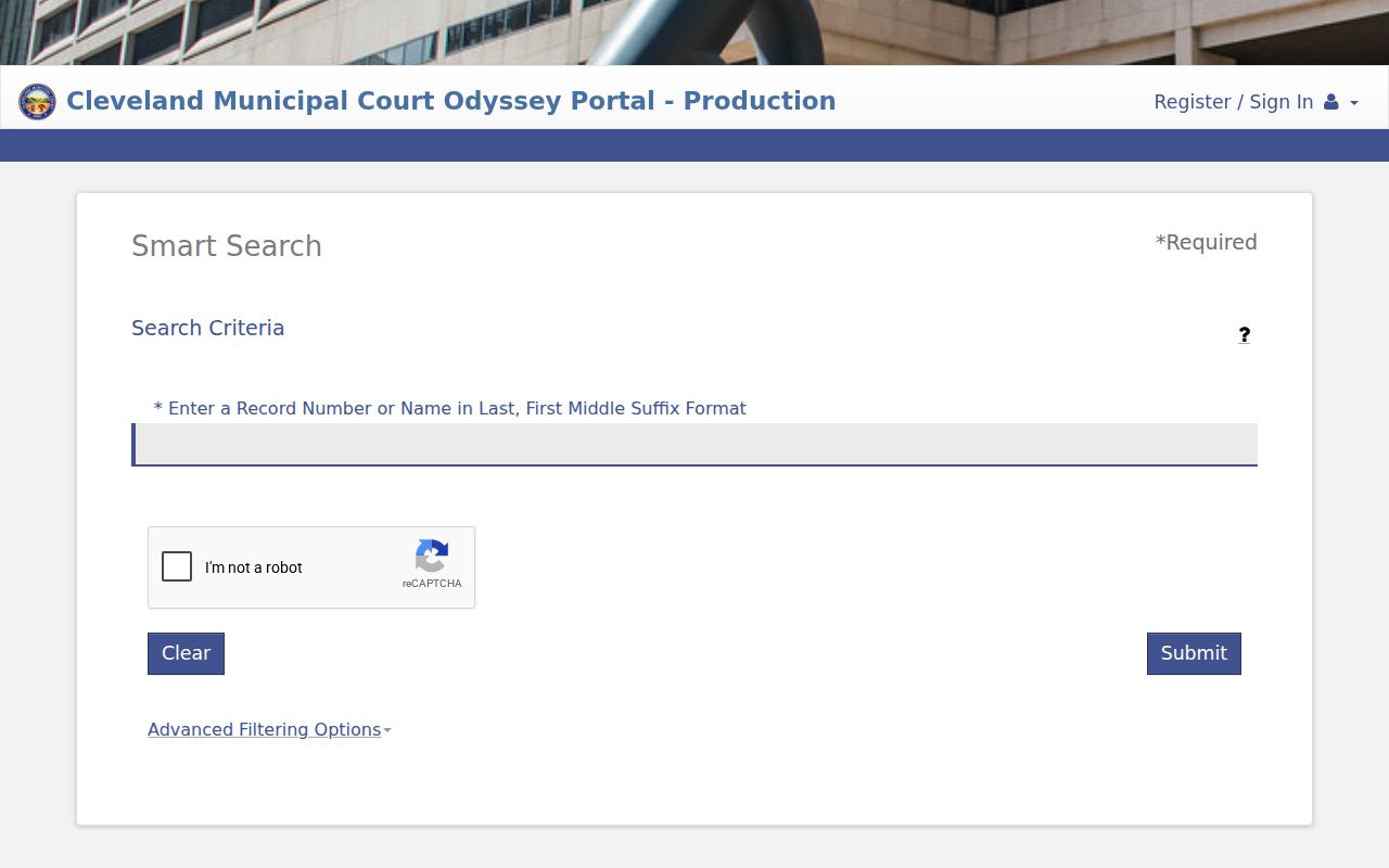 Cleveland Municipal Court Smart Search public interface