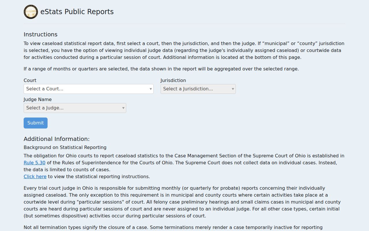Cuyahoga County court schedule Ohio court statistics interface