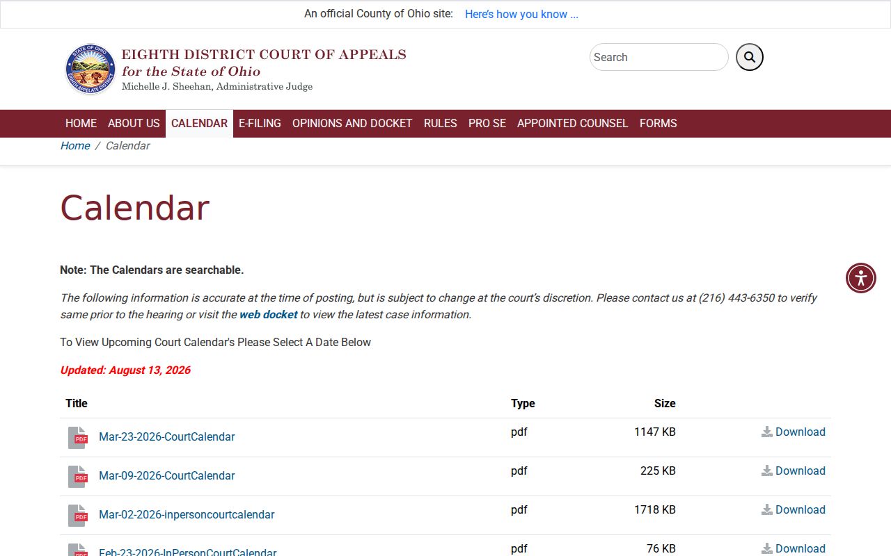 Cuyahoga County court schedule Eighth District calendar information