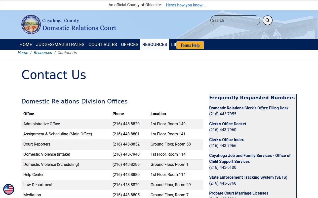 Cuyahoga County court schedule Domestic Relations contact and scheduling information