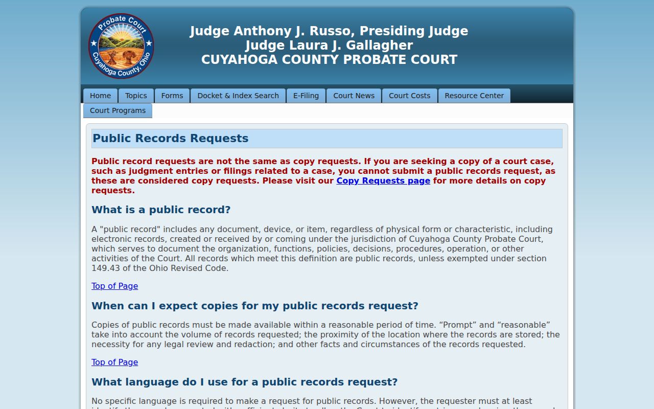 Cuyahoga County court records Probate public records distinction