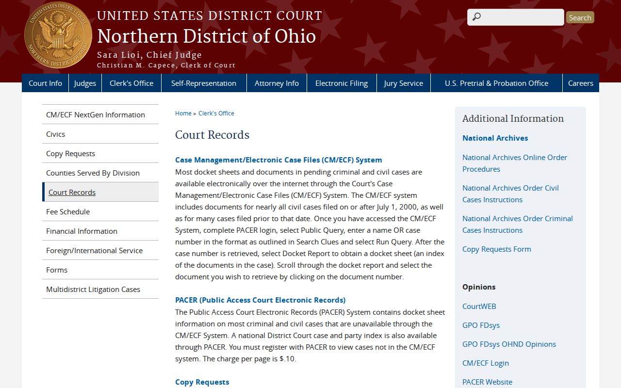 Cuyahoga County court records Northern District PACER instructions