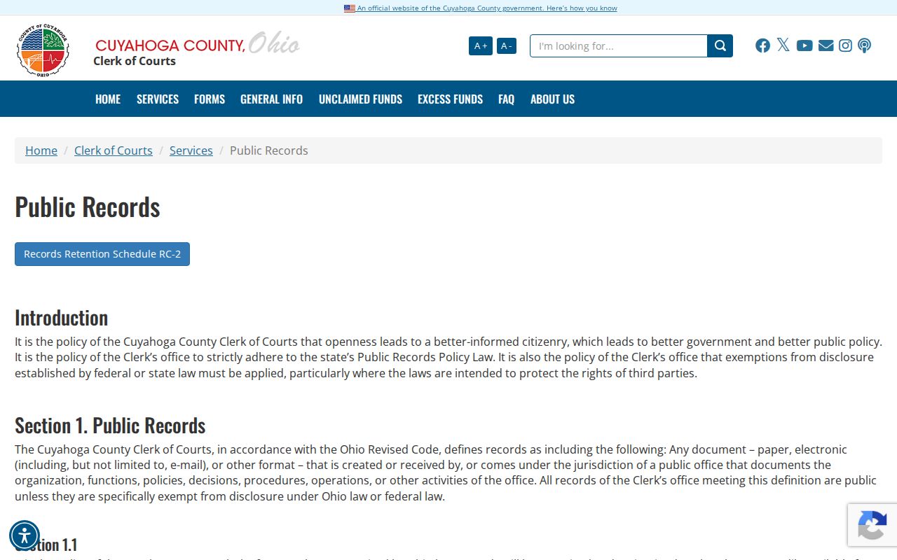 Cuyahoga County court records Clerk public records policy