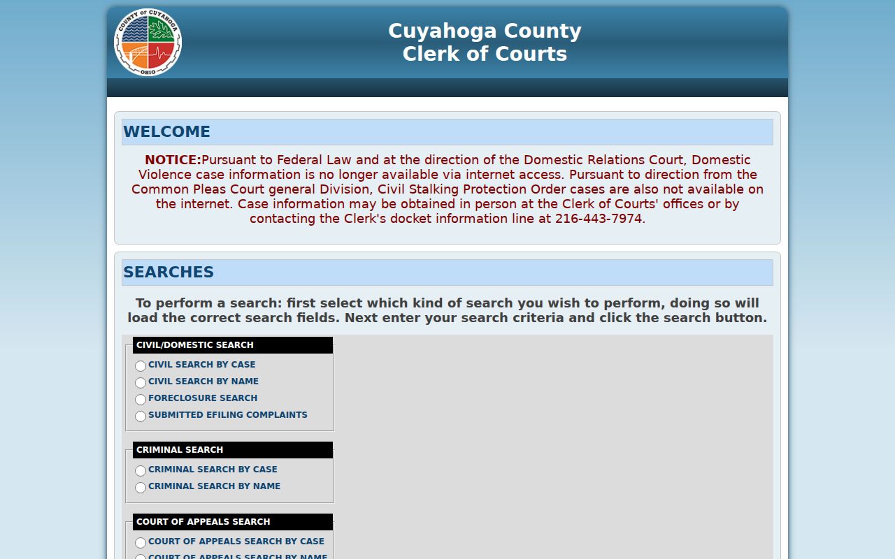 Cuyahoga County court docket Clerk Case Records Search System