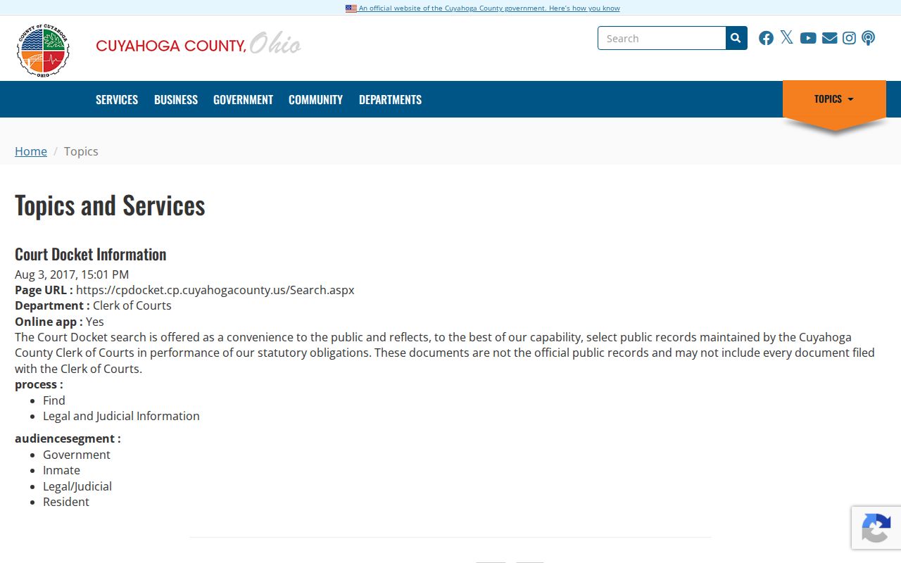 Cuyahoga County court docket official record warning