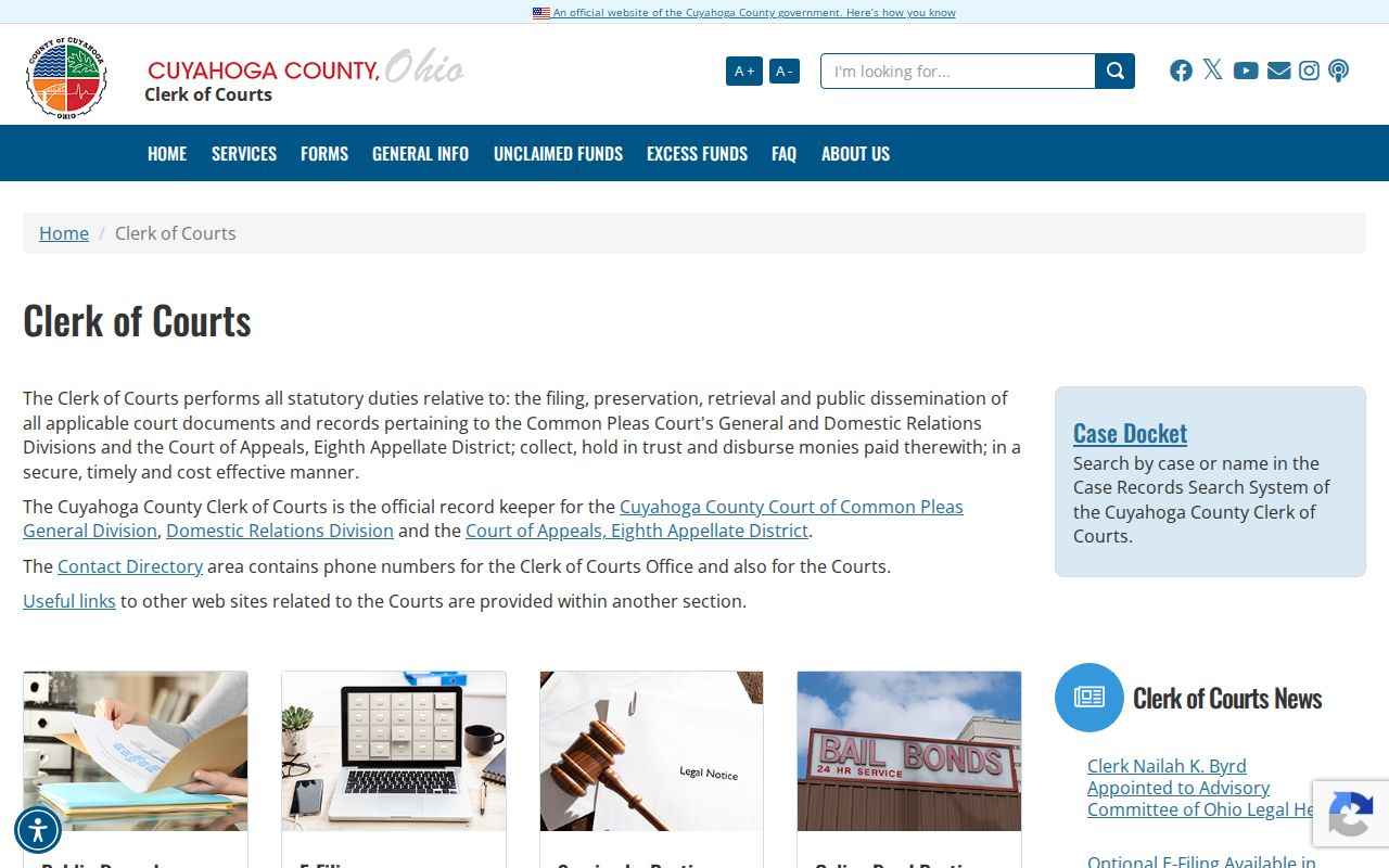 Cuyahoga County Clerk of Courts official docket access page