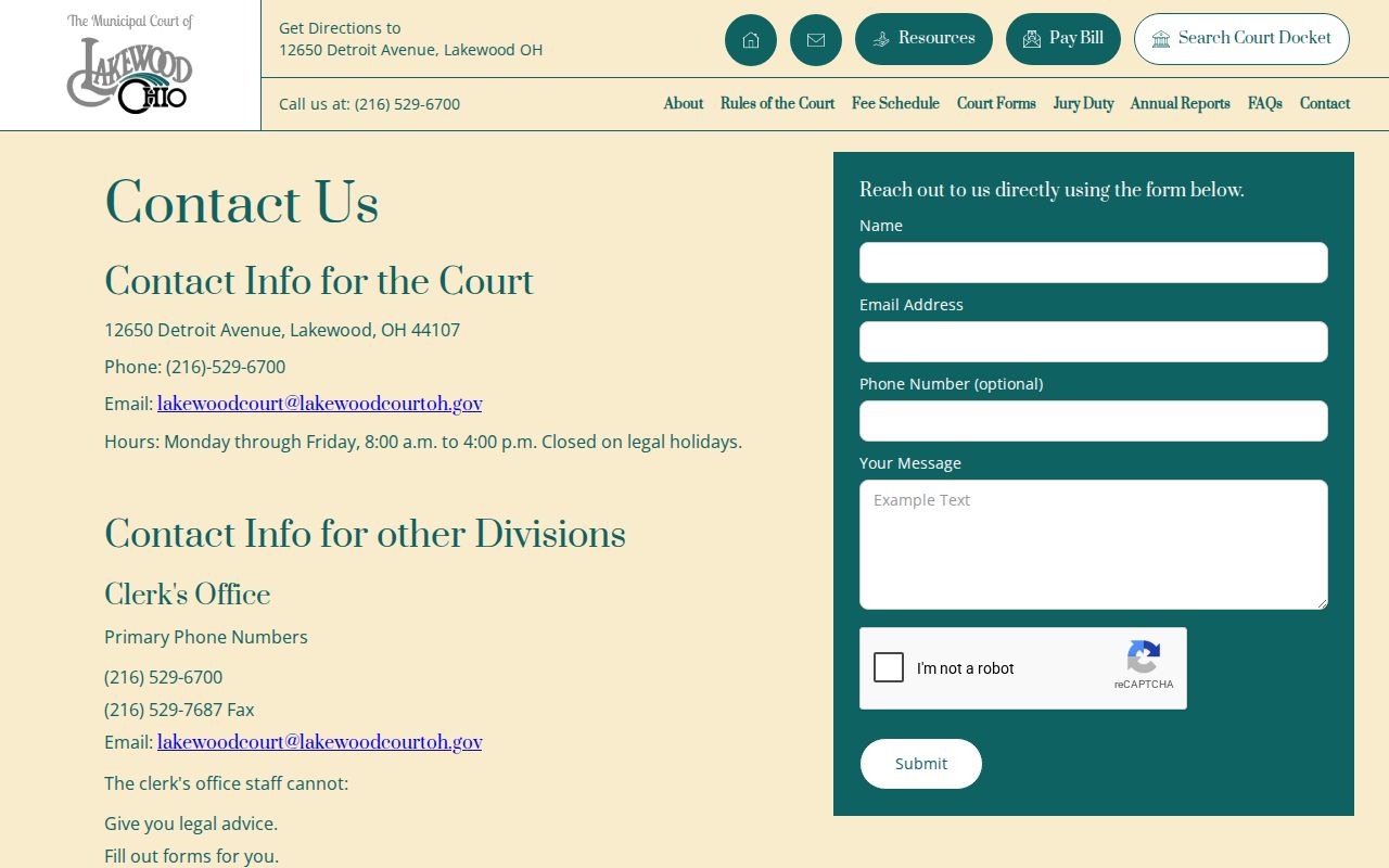 Lakewood Municipal Court contact page at Lakewood City Hall