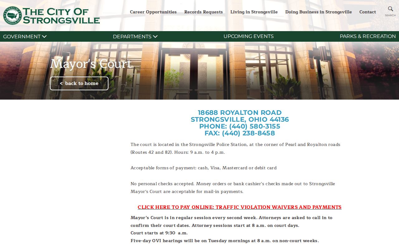 Strongsville Mayor's Court official location and schedule page